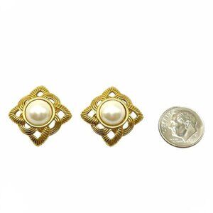 Vintage Avon Earrings Gold Tone Imitation Pearl Cabochon Square Knot Pierced
